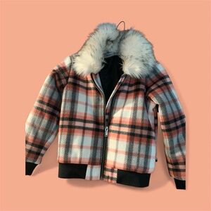 Tommy Hilfiger Plaid Kids Jacket with Faux Fur Collar
